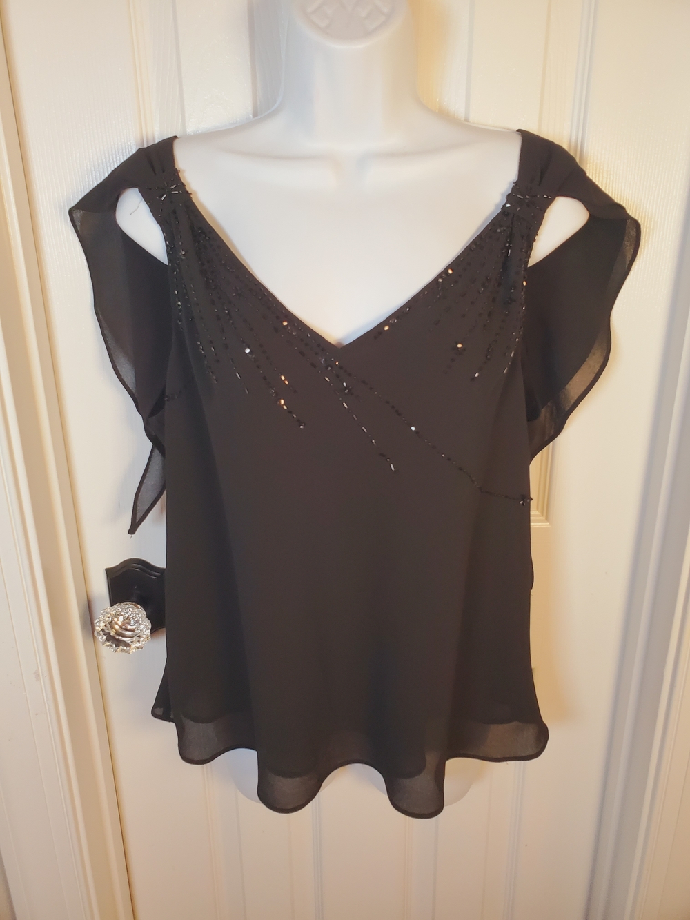 Studio I Black Beaded Cold-Shoulder Blouse Sz. 18